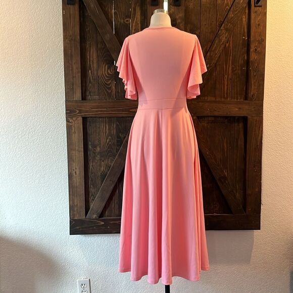 LYANER Warp V Neck Ruffle Short Sleeve A Line Swing Flared Cocktail Party Midi - Picture 6 of 10